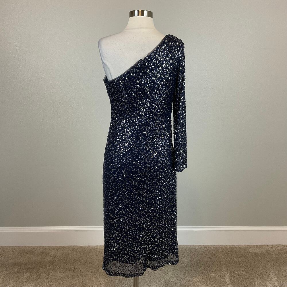 Betsy & Adam Blue Cocktail Dress Sequin One Shoulder Long Sleeve Sheath Size 10 - Picture 7 of 13